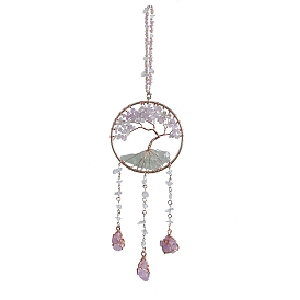 Árbol de la vida, ágata natural y fragmentos de cristal natural, atrapasoles colgantes., con cuentas de vidrio, anillo de hierro y alambre de latón para decoración de exteriores y jardines.