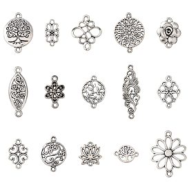 30Pcs 15 Styles Tibetan Style Alloy Links Connector Charms, Cadmium Free & Lead Free, Flower Horse Eye Flat Round, Mixed Shapes