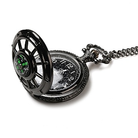 Alloy Glass Pendant Pocket Necklace, Electronic Watches, with Iron Chains and Lobster Claw Clasps, Flat Round with Compass