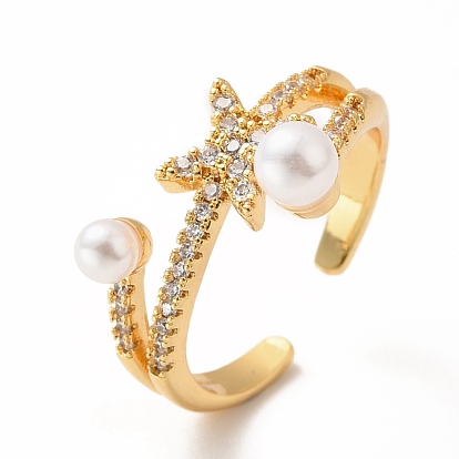 Cubic Zirconia Butterfly Open Cuff Ring with Double Imitation Pearl, Real 18K Gold Plated Brass Chunky Ring for Women, Lead Free & Cadmium Free