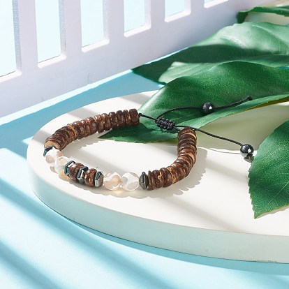 DZi Mala Bead Bracelet, Natural Coconut & Agate & Synthetic Hematite Braided Bead Bracelet for Women