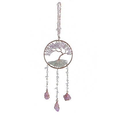 Tree of Life Natural Agate & Natural Crystal Chips Hanging Suncatchers, with Glass Beads & Iron Ring and Brass Wire for Outdoor & Garden Decor