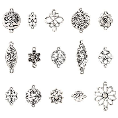 30Pcs 15 Styles Tibetan Style Alloy Links Connector Charms, Cadmium Free & Lead Free, Flower Horse Eye Flat Round, Mixed Shapes