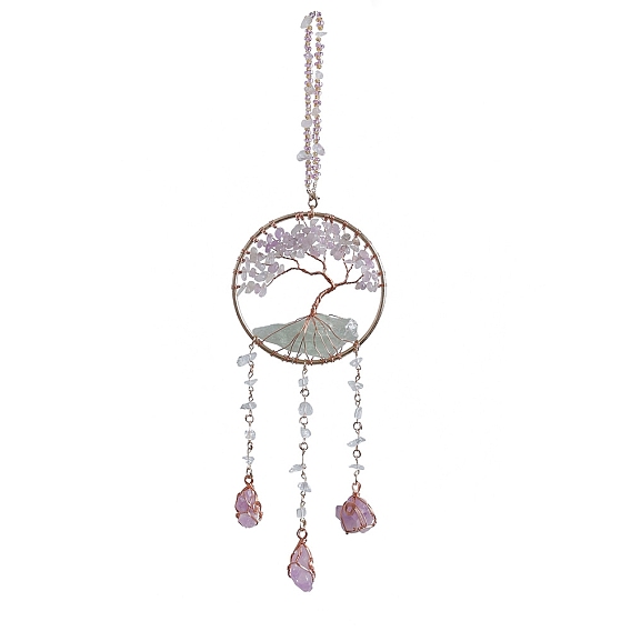 Tree of Life Natural Agate & Natural Crystal Chips Hanging Suncatchers, with Glass Beads & Iron Ring and Brass Wire for Outdoor & Garden Decor