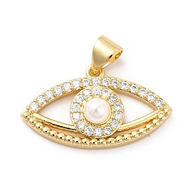 Brass Micro Pave Clear Cubic Zirconia Pendants, with ABS Plastic Imitation Pearl, Golden, Eye Charm