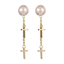 Brass Stud Earring Findings, with Loop, ABS Plastic Imitation Pearl, Cross, White