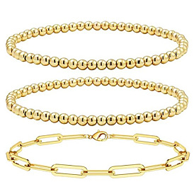 Gold Plated Paperclip Bracelet with 4mm and 6mm Beads for Women