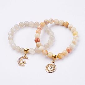 Natürlicher Mondstein & Sonnenstein Stretch Charm Armbänder, mit Legierungsanhänger, Mond und Sonne Charme