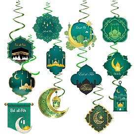 11Pcs Eid Mubarak Paper Hanging Swirl Decorations, with 1Pc Banner, Ramadan Kareem Ornaments for Eid Al Fitr Holiday Eid Fiesta Party Supplies, Moon & Star Pattern