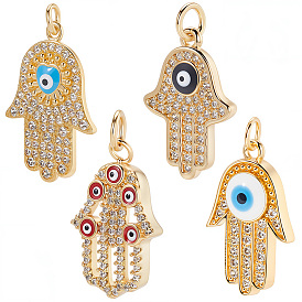 8 шт 4 стили латунные подвески из микропаве с фианитом, с эмалью, реальный 18 k позолоченный, с целью перехода в кольце, Хамса руку с дурным глазом