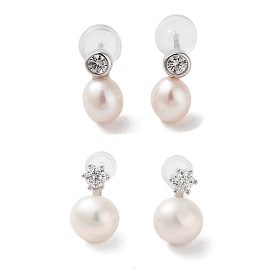 Natural Pearl Stud Earrings for Women, with Sterling Silver Pins and Cubic Zirconia