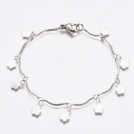 304 Stainless Steel Flower Charm Bracelets, Bar Link Chain Bracelets, with Lobster Claw Clasps