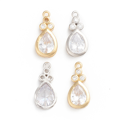 Brass Micro Pave Clear Cubic Zirconia Pendants, Teardrop