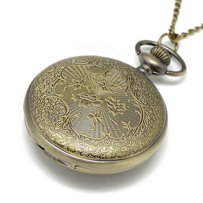 Alloy Flat Round Pendant Necklace Pocket Watch, with Iron Chains and Lobster Claw Clasps, Quartz Watch, 31.5 inch, Watch Head: 61x47x16mm
