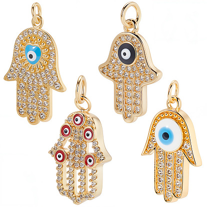 8 шт 4 стили латунные подвески из микропаве с фианитом, с эмалью, реальный 18 k позолоченный, с целью перехода в кольце, Хамса руку с дурным глазом