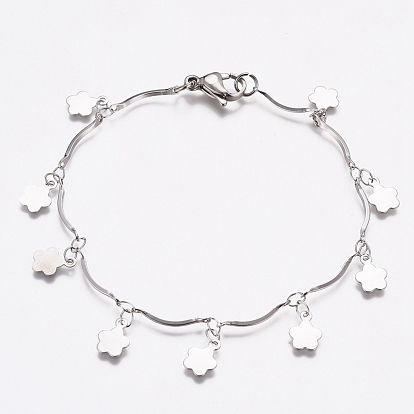 304 Stainless Steel Flower Charm Bracelets, Bar Link Chain Bracelets, with Lobster Claw Clasps
