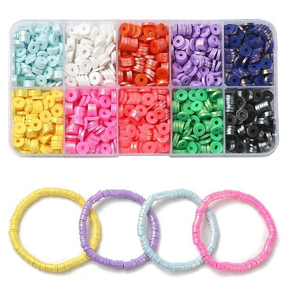 60G 10 Colors Handmade Polymer Clay Beads, Pearlized, Disc/Flat Round, Heishi Beads