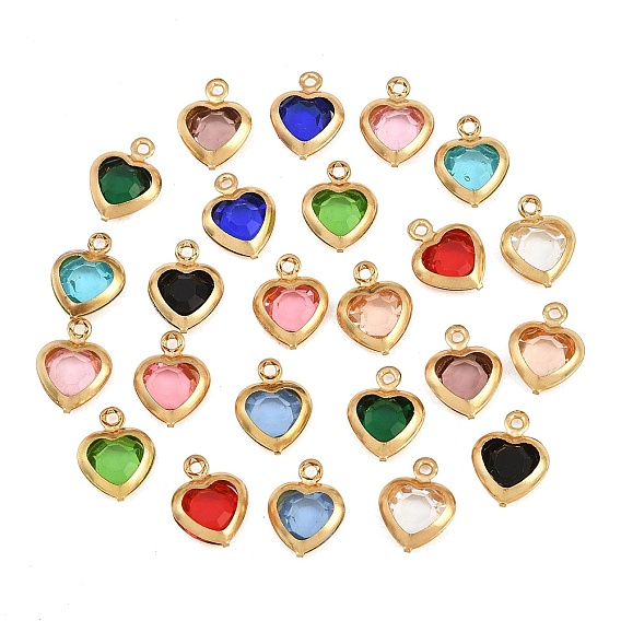 Día de San Valentín 304 Colgantes de acero inoxidable y cristal, encantos del corazón, facetados, real 18 k chapado en oro, revestimiento de iones (ip), larga duración plateado