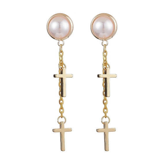 Brass Stud Earring Findings, with Loop, ABS Plastic Imitation Pearl, Cross, White