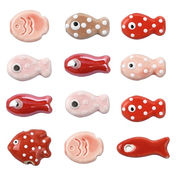 12Pcs 8 Styles Handmade Porcelain Beads, Fish, Famille Rose Porcelain