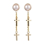 Brass Stud Earring Findings, with Loop, ABS Plastic Imitation Pearl, Cross, White