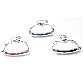 Heart Bar 304 Stainless Steel & Rhinestone Link Bracelets, Cable Chain Bracelets for Women