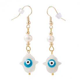 Hamsa Hand with Evil Eye Dangle Earrings, with Natural Freshwater Shell Beads, Pearl Beads, Plastic Ear Nuts and Golden Plated Brass Earring Hooks