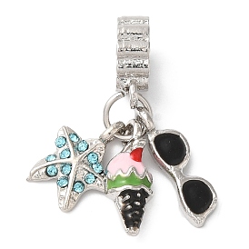 Rack Plating Alloy Aquamarine Rhinestone European Dangle Charms, Large Hole Starfish & Ice Cream & Sunglasses Pendants with Enamel, Cadmium Free & Nickel Free & Lead Free