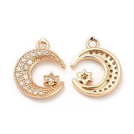 Brass Micro Pave Cubic Zirconia Charms, Star & Moon Charm, Light Gold