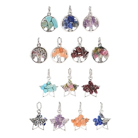 6Pcs 6 Styles Mixed Stone Chip Pendants, Tree of Life/Star Charms, with Antique Silver Tone Alloy Findings
