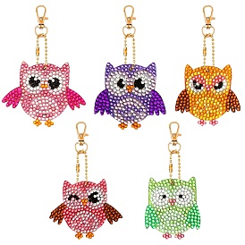 Kit de trousseau de peinture au diamant diy 5d hibou, avec plateau, outils de pointe de pointe, fermoirs pivotants en alliage et chaînes en fer, pour les enfants gem peinture pendentif arts artisanat