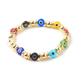 Flat Round with Evil Eye Lampwork Stretch Bracelet with Synthetic Hematite, Gemstone Jewelry for Women