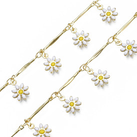 Brass Bar Link Chains, with Enamel Flower Charm, Unwelded, Real 16K Gold Plated