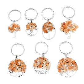 Natural Gemstone Chip & Alloy Tree of Life Pendant Keychain, with Iron Split Key Rings