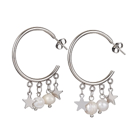 304 Stainless Steel Half Hoop Earrings, Natural Pearl Dangle Stud Earrings