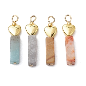 Natural Crazy Lace Agate/Map Stone/Flower Amazonite/Wood Lace Stone Rectangle Pendants, Brass Heart Charms