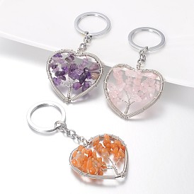 Heart with Tree Brass Gemstone Keychain, with Platinum Tone Alloy Keychain Findings, 105mm