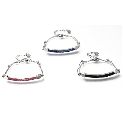 Heart Bar 304 Stainless Steel & Rhinestone Link Bracelets, Cable Chain Bracelets for Women