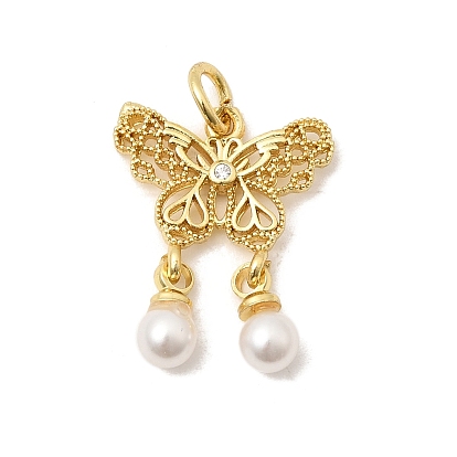 Латунные микропаве прозрачные подвески с фианитом, с абс пластмассовой имитационной жемчужиной, бабочки прелести, долговечный