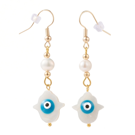 Hamsa Hand with Evil Eye Dangle Earrings, with Natural Freshwater Shell Beads, Pearl Beads, Plastic Ear Nuts and Golden Plated Brass Earring Hooks