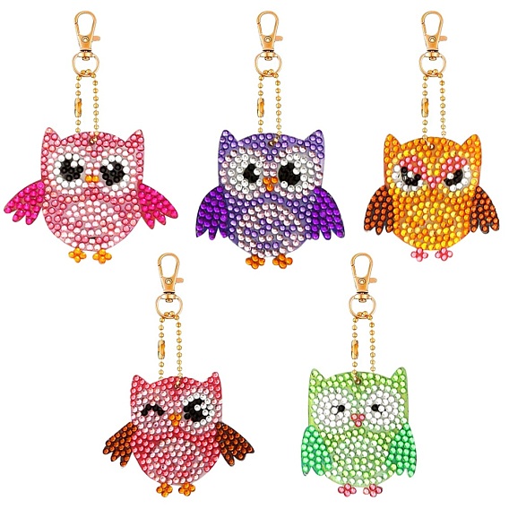 DIY 5D Owl Diamond Painting Keychain Kit, with Tray Plate, Drill Point Nails Tools, Alloy Swivel Clasps and Iron Chains, for Kids Gem Painting Pendant Arts Crafts