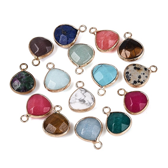 Natural & Synthetic Mixed Stone Pendants, Brass Faceted Teardrop Bezeled Charms, Mixed Dyed & Undyed, Golden