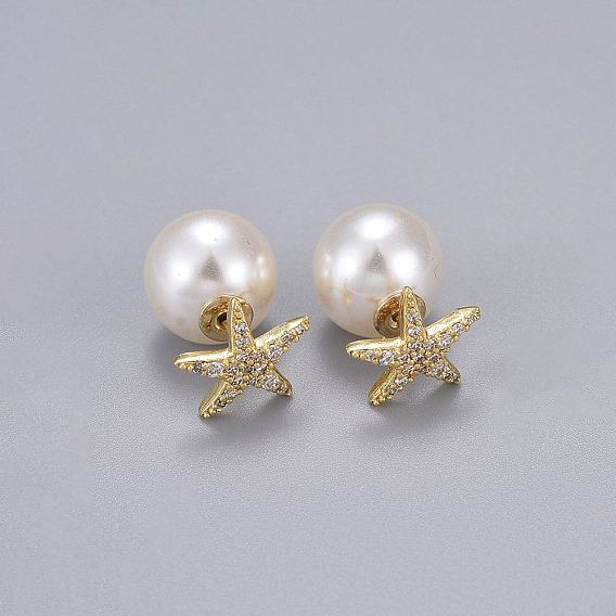 Серьги-гвоздики из латунного микро-паве, с акриловой имитация жемчуга, долговечный, звезда