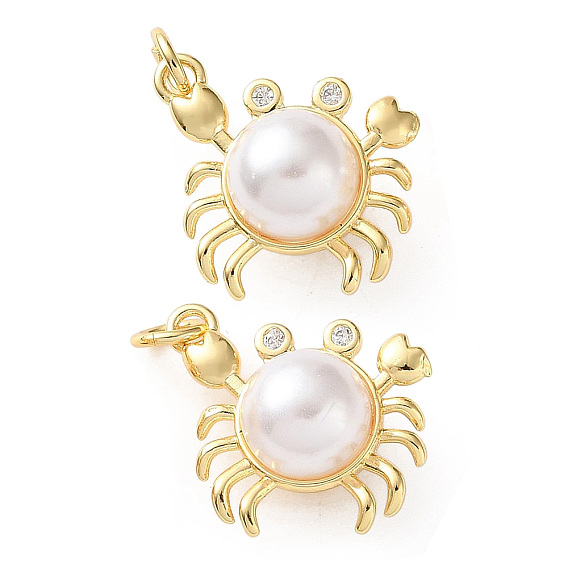 Brass Charms, with ABS Plastic Imitation Pearl, Crab Charms, Cadmium Free & Lead Free, Rack Plating, Long-Lasting Plated
