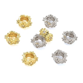 Brass Micro Pave Clear Cubic Zirconia Beads, Flat Round with Flower, Rack Plating, Long-Lasting Plated, Cadmium Free & Lead Free