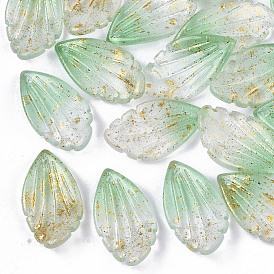 Two Tone Transparent Spray Painted Glass Pendants, with Glitter Powder, Frosted, Leaf