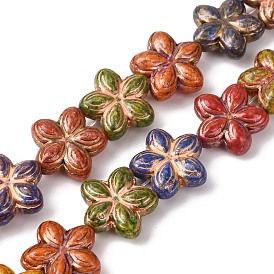 Painted Glass Beads Strands, Golden Metal Enlaced, Flower