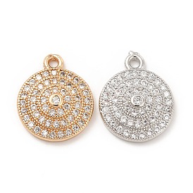 Brass Micro Pave Clear Cubic Zirconia Pendants, Flat Round Charms