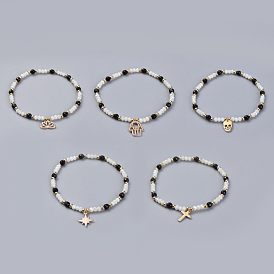 Electroplate Glass Beads Charm Bracelets, with Natural Black Agate and Brass Findings, Cardboard Box
, Mixed Shapes