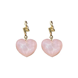 Acrylic Heart Dangle Stud Earrings, Gold Plated Alloy Jewelry for Women